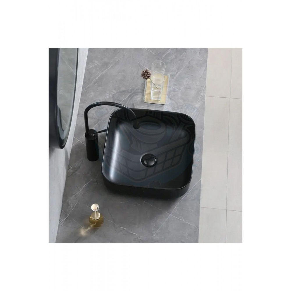 OnyxRound Tezgah Üstü Armatür Deliksiz Mat Siyah Seramik Lavabo – 38 cm