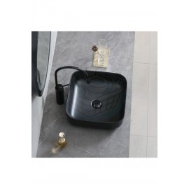 OnyxRound Tezgah Üstü Armatür Deliksiz Mat Siyah Seramik Lavabo – 38 cm