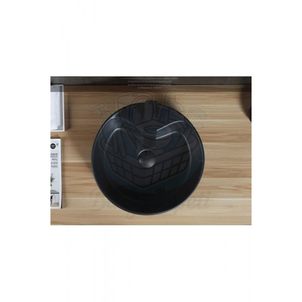 VentoRound Tezgah Üstü Armatür Delikli Mat Siyah Seramik Lavabo – 46x46 cm
