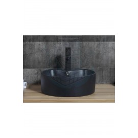 VentoRound Tezgah Üstü Armatür Delikli Mat Siyah Seramik Lavabo – 46x46 cm