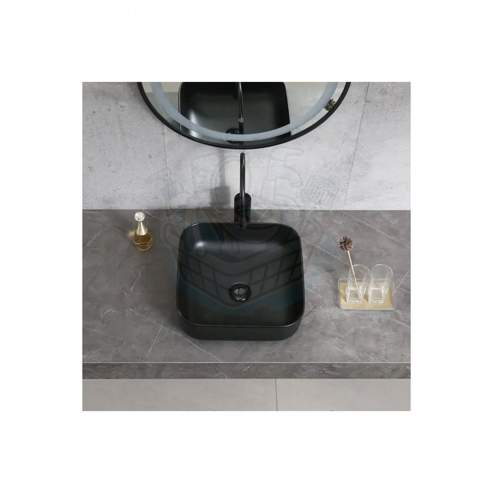 OnyxRound Tezgah Üstü Armatür Deliksiz Mat Siyah Seramik Lavabo – 38 cm