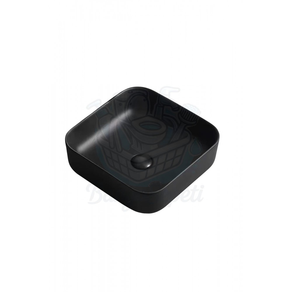 OnyxRound Tezgah Üstü Armatür Deliksiz Mat Siyah Seramik Lavabo – 38 cm