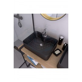 TitanSquare Tezgah Üstü Armatür Delikli Mat Siyah Seramik Lavabo – 48x37 cm
