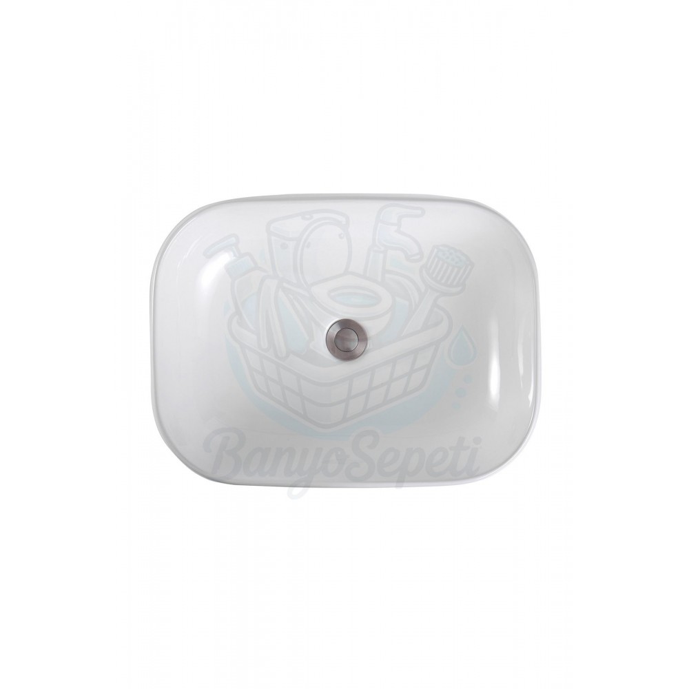 PrimoSquare Tezgah Üstü Armatür Deliksiz Seramik Lavabo – 56x42 cm, Beyaz