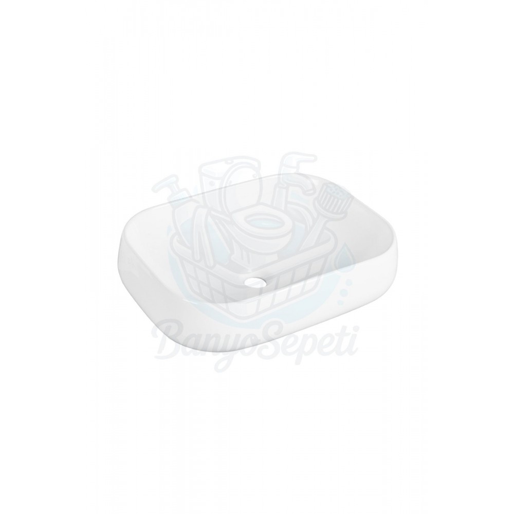 PrimoSquare Tezgah Üstü Armatür Deliksiz Seramik Lavabo – 56x42 cm, Beyaz