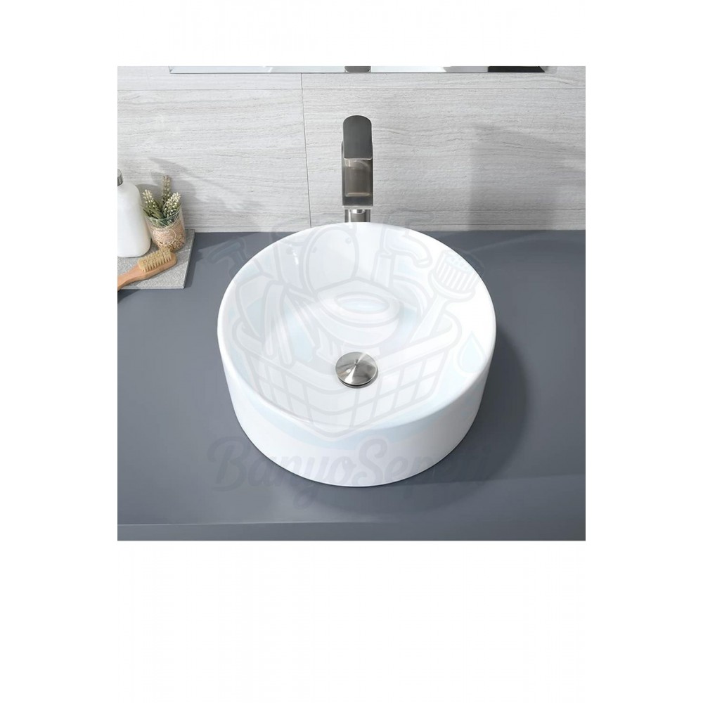 AuraRound Tezgah Üstü Armatür Deliksiz Seramik Lavabo – 40 cm, Beyaz