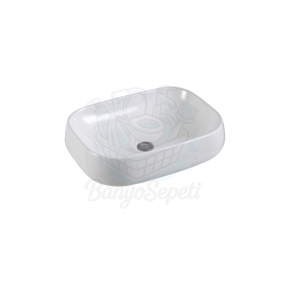 PrimoSquare Tezgah Üstü Armatür Deliksiz Seramik Lavabo – 56x42 cm, Beyaz
