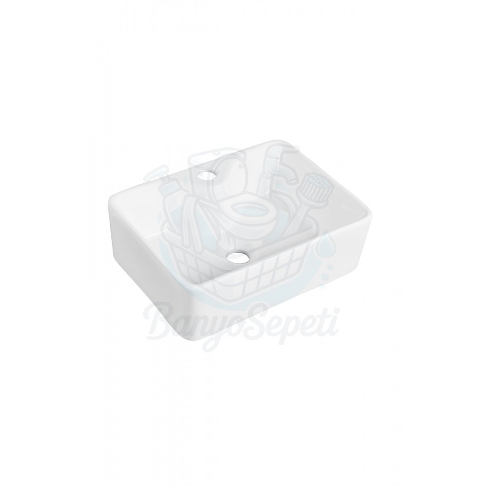 MiraRound Tezgah Üstü Armatür Delikli Seramik Lavabo – 40x33 cm, Beyaz