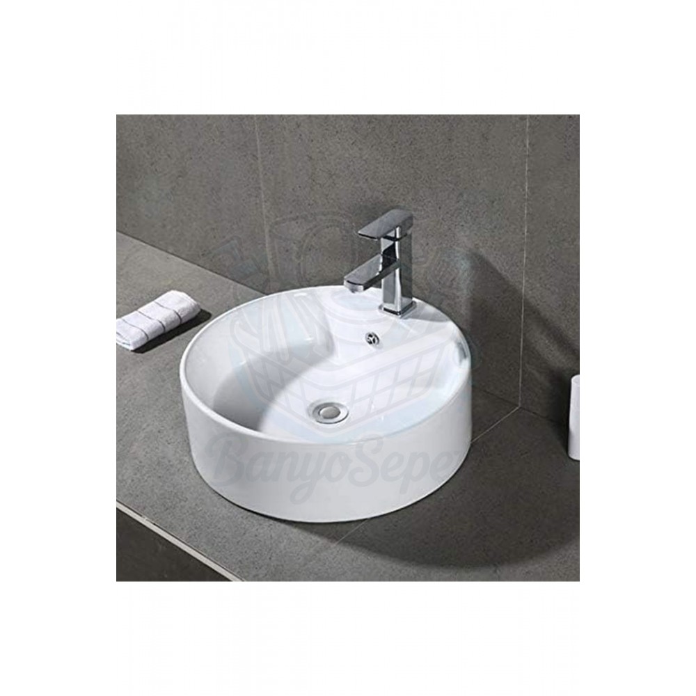 NovaRound Tezgah Üstü Armatür Delikli Seramik Lavabo – 40 cm, Beyaz