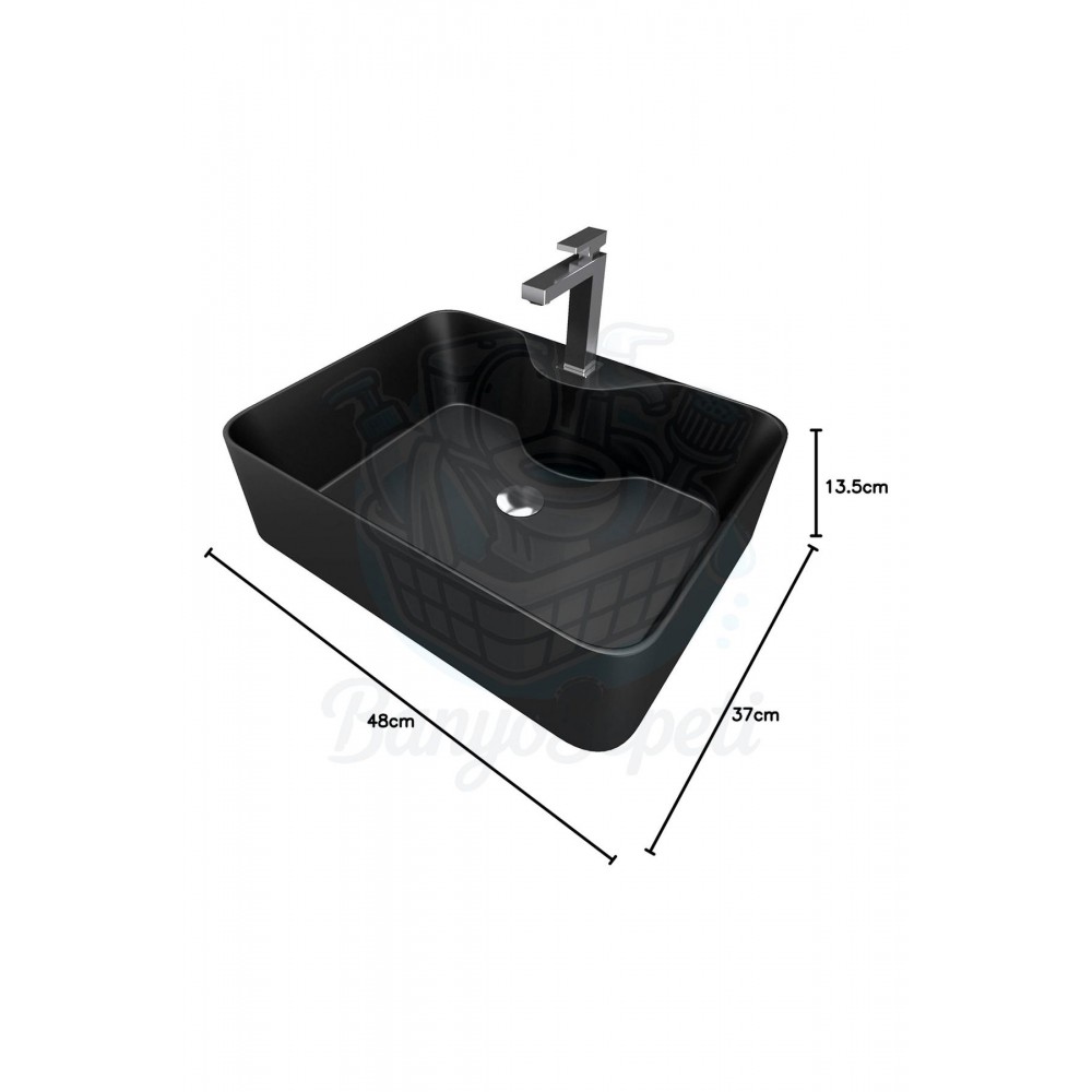 TitanSquare Tezgah Üstü Armatür Delikli Mat Siyah Seramik Lavabo – 48x37 cm