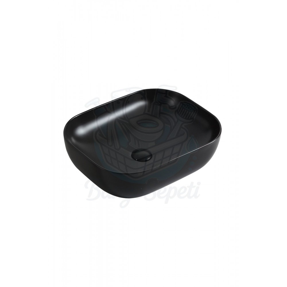 NeroSquare Tezgah Üstü Armatür Deliksiz Mat Siyah Seramik Lavabo – 46x32 cm
