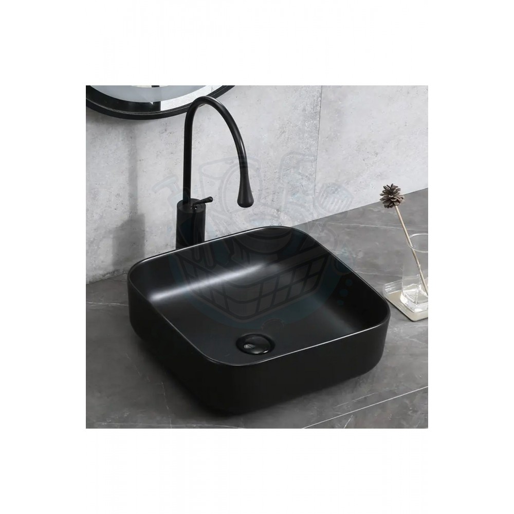 OnyxRound Tezgah Üstü Armatür Deliksiz Mat Siyah Seramik Lavabo – 38 cm