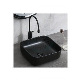 OnyxRound Tezgah Üstü Armatür Deliksiz Mat Siyah Seramik Lavabo – 38 cm