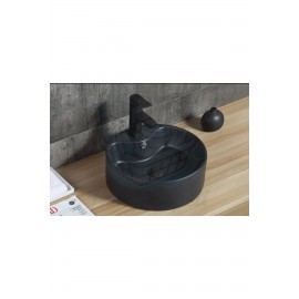 VentoRound Tezgah Üstü Armatür Delikli Mat Siyah Seramik Lavabo – 46x46 cm