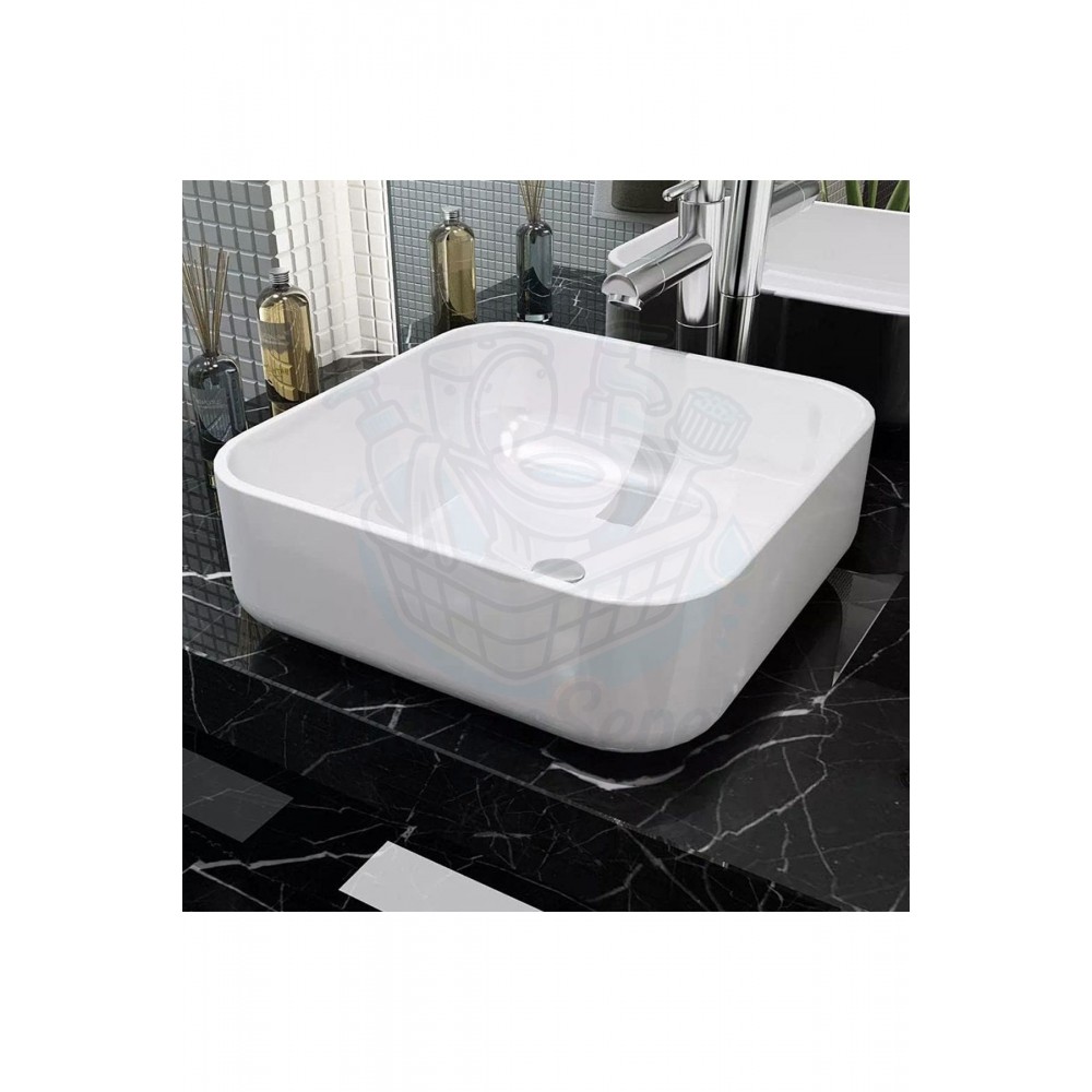 Lunaround Tezgah Üstü Armatür Deliksiz Seramik Lavabo – 38 Cm, Beyaz