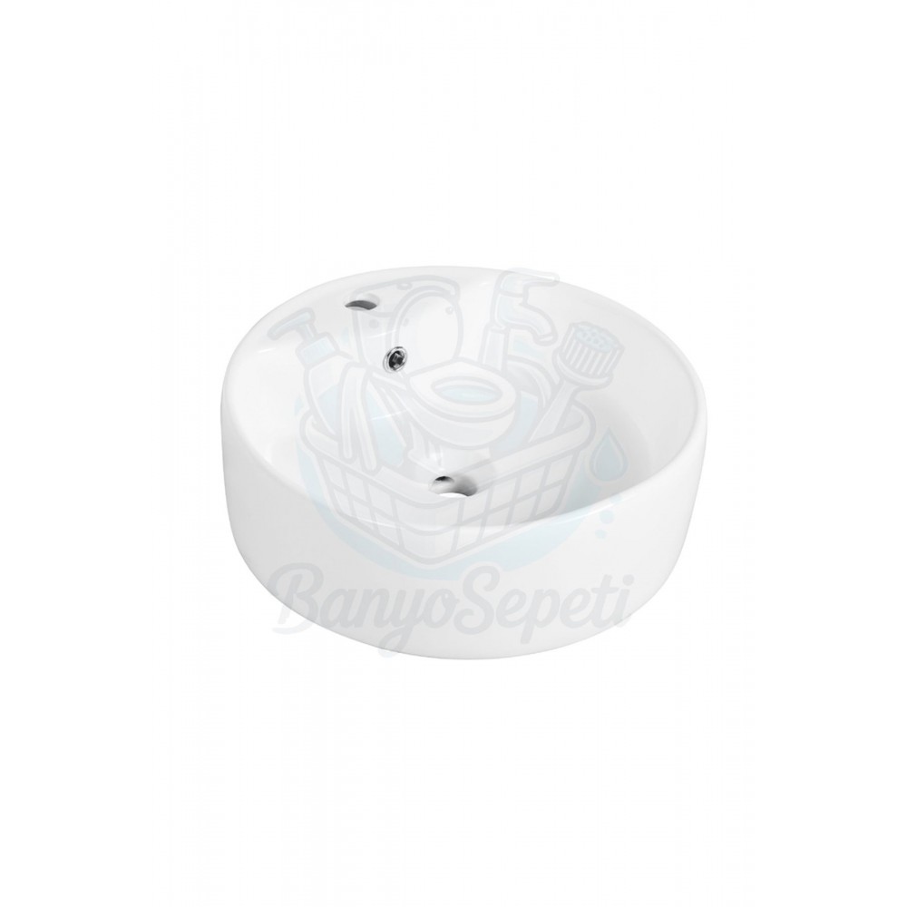 OpalRound Tezgah Üstü Armatür Delikli Seramik Lavabo – 40 cm, Beyaz