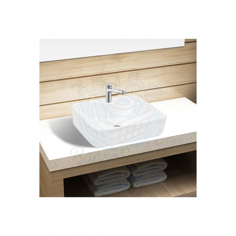 MiraRound Tezgah Üstü Armatür Delikli Seramik Lavabo – 40x33 cm, Beyaz