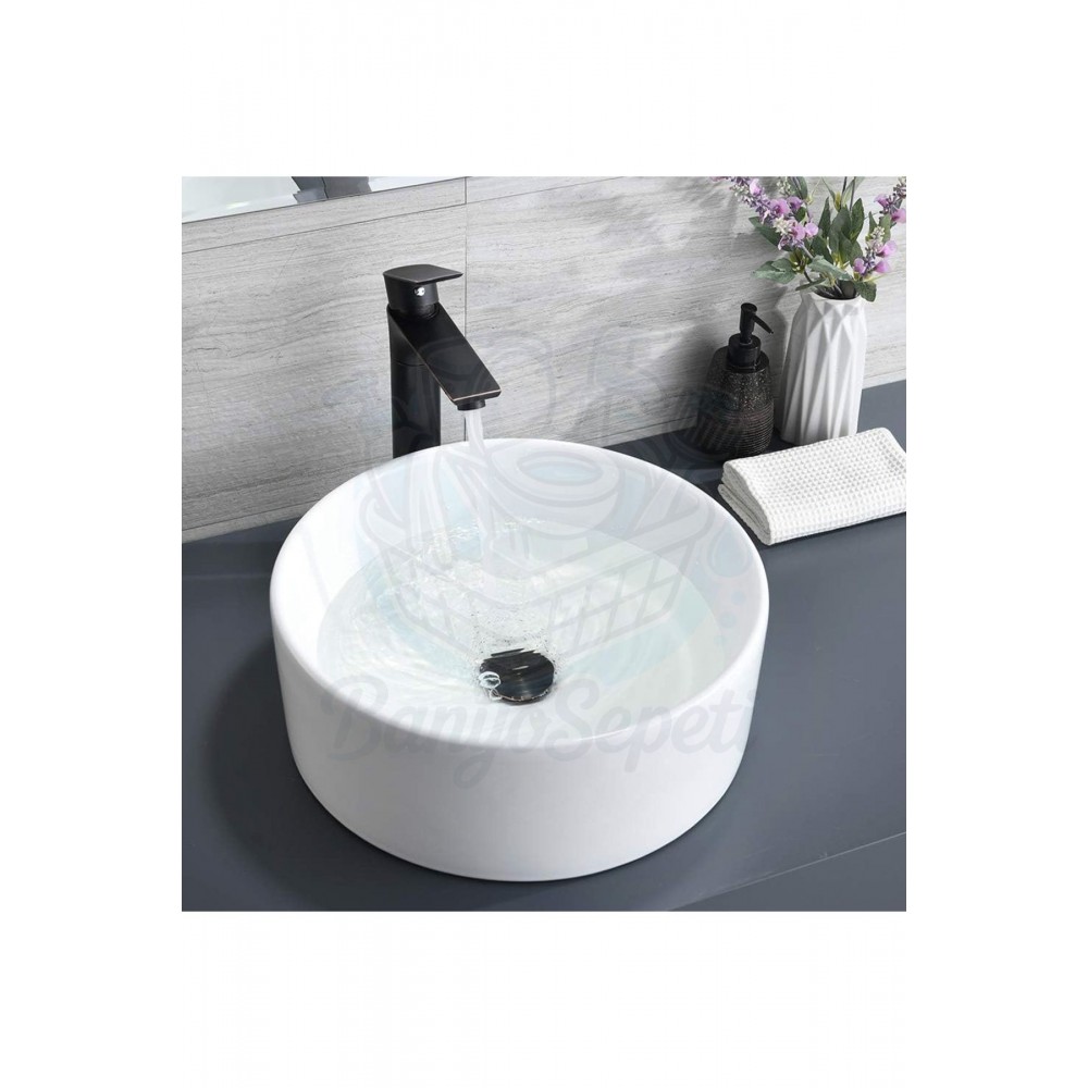 AuraRound Tezgah Üstü Armatür Deliksiz Seramik Lavabo – 40 cm, Beyaz