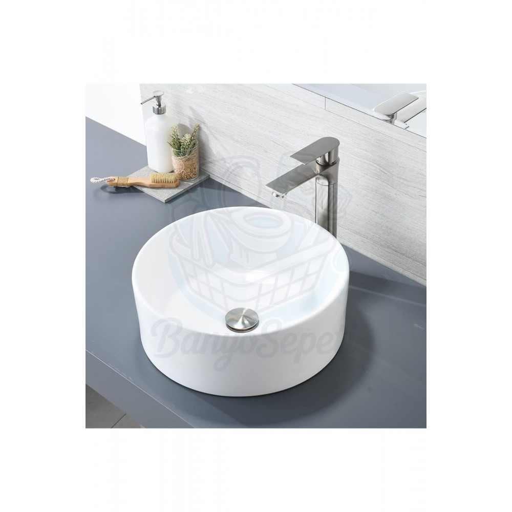 AuraRound Tezgah Üstü Armatür Deliksiz Seramik Lavabo – 40 cm, Beyaz