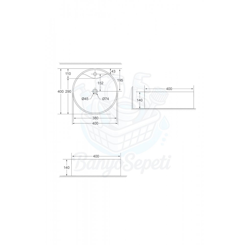 OpalRound Tezgah Üstü Armatür Delikli Seramik Lavabo – 40 cm, Beyaz