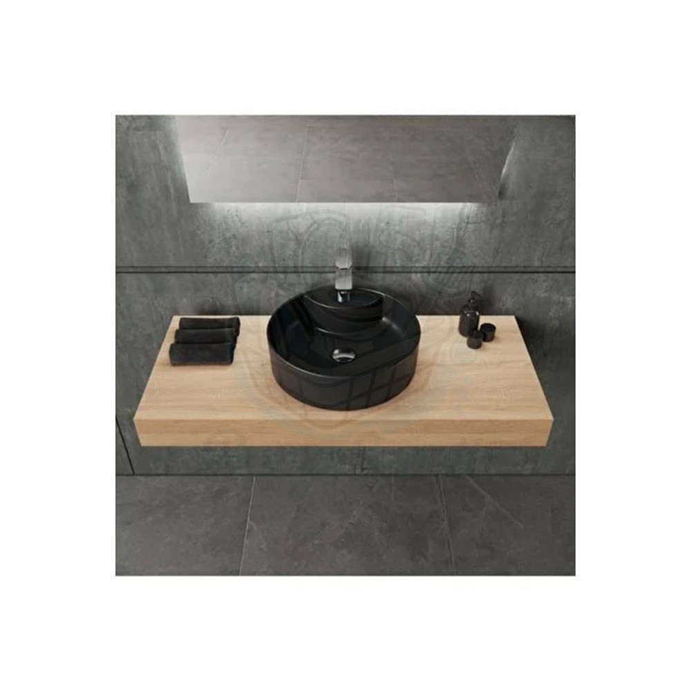 VentoRound Tezgah Üstü Armatür Delikli Mat Siyah Seramik Lavabo – 46x46 cm