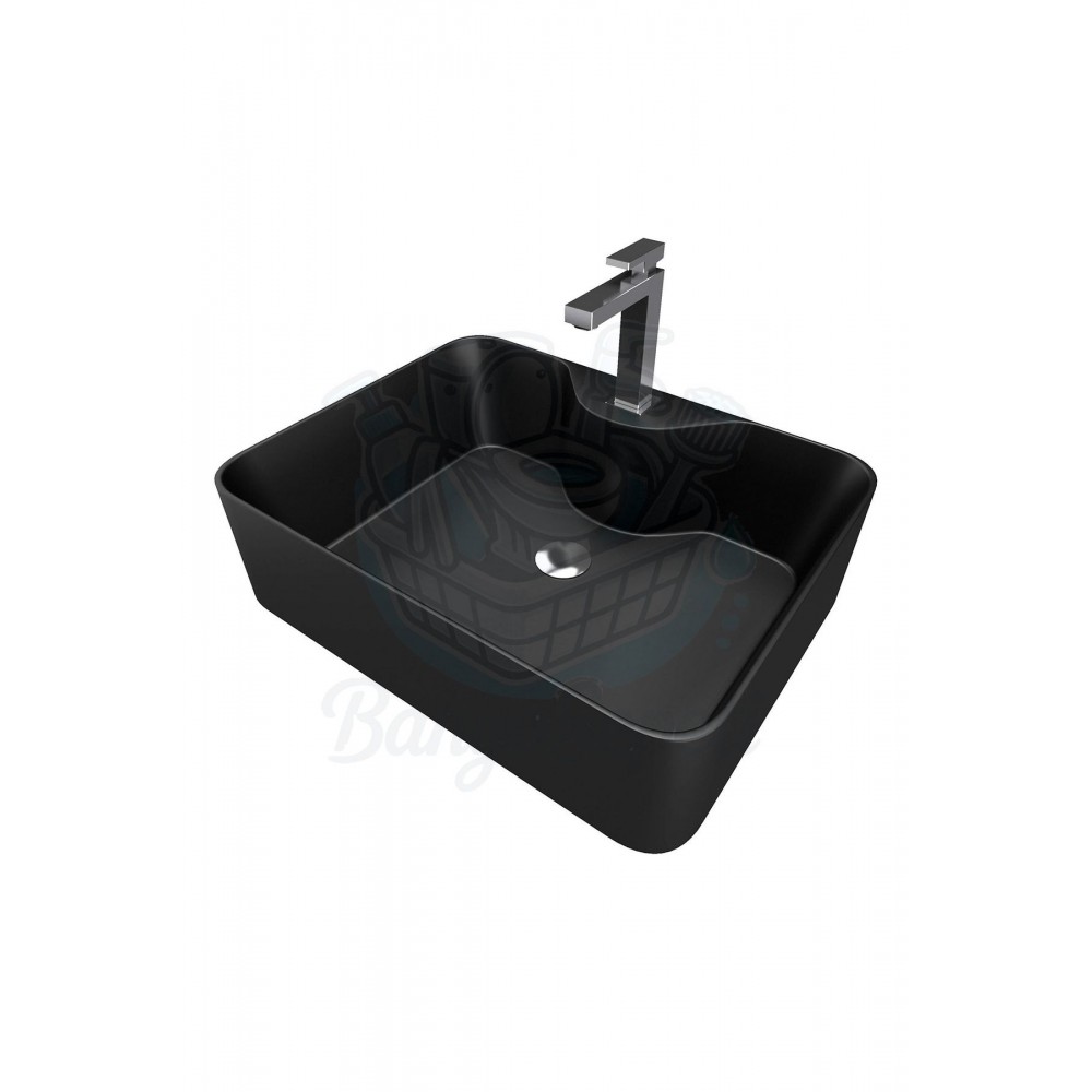 TitanSquare Tezgah Üstü Armatür Delikli Mat Siyah Seramik Lavabo – 48x37 cm
