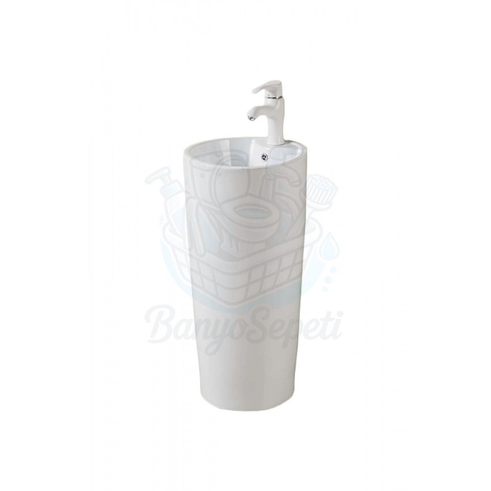 SoloBlock Monoblok Armatür Delikli Seramik Lavabo – 41x41x85 cm, Beyaz