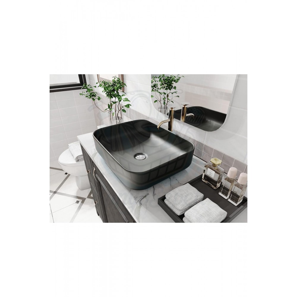 ObsidianSquare Tezgah Üstü Armatür Deliksiz Mat Siyah Seramik Lavabo – 50x39 cm