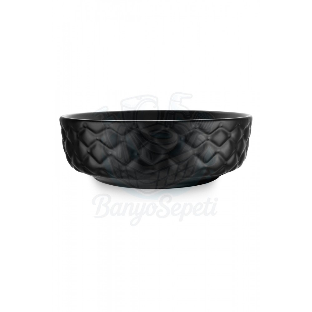 EclipseRound Tezgah Üstü Armatür Deliksiz Mat Siyah Seramik Lavabo – 42x42 cm