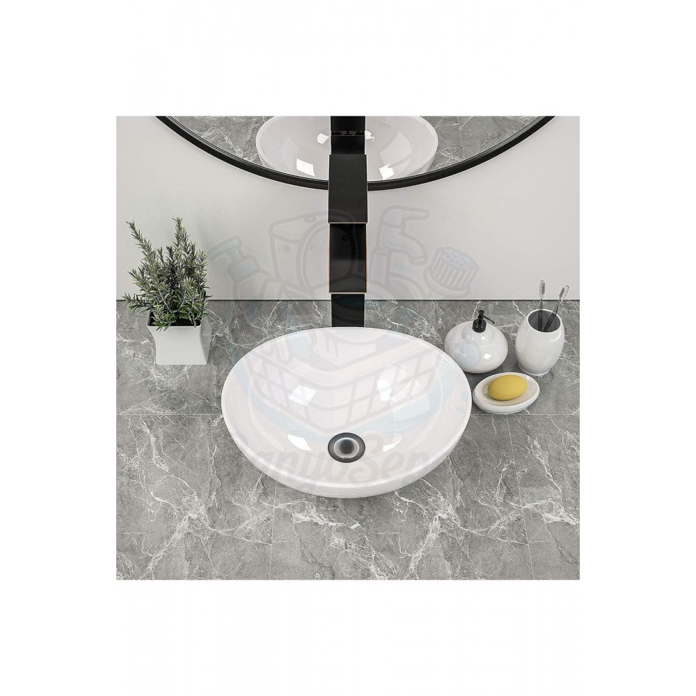 PureRound Tezgah Üstü Armatür Deliksiz Seramik Lavabo – 40x33 cm, Beyaz