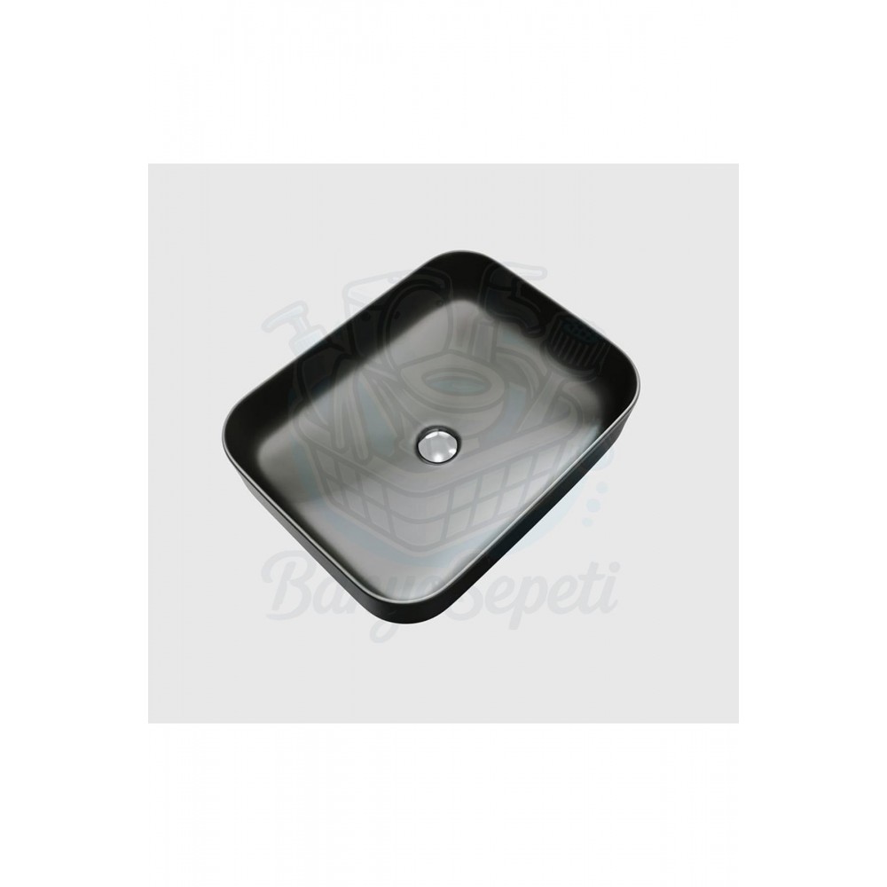 ObsidianSquare Tezgah Üstü Armatür Deliksiz Mat Siyah Seramik Lavabo – 50x39 cm