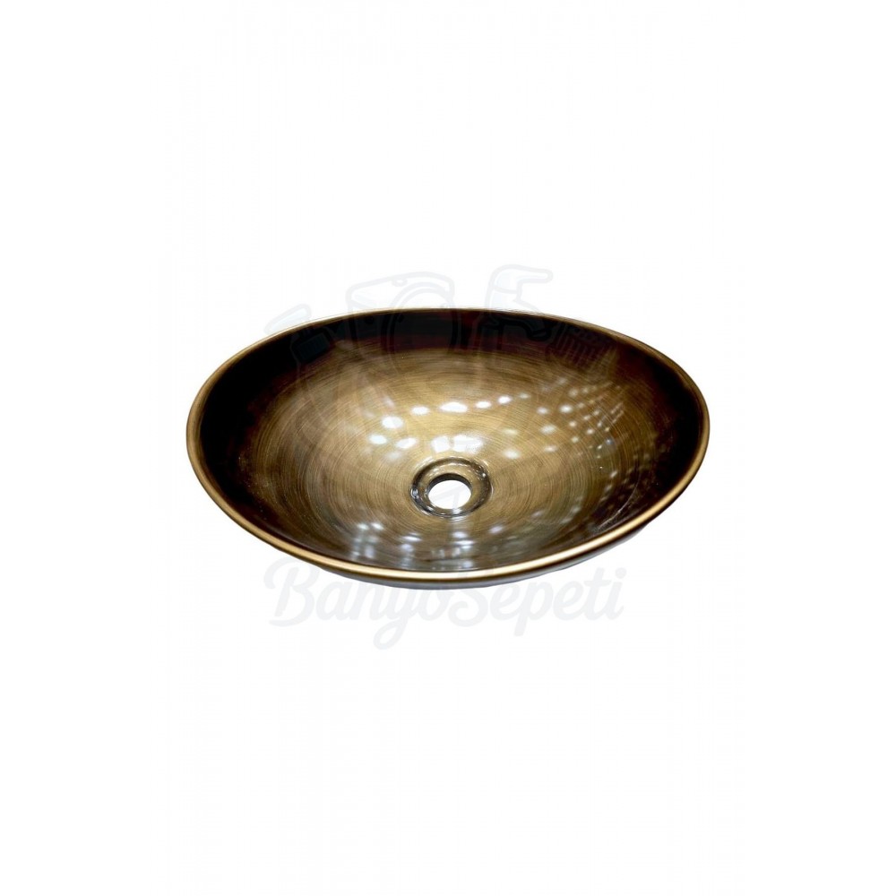 AntiqueGlow Tezgah Üstü Armatür Deliksiz Seramik Lavabo – 40x33 cm, Parlak Antik Eskitme