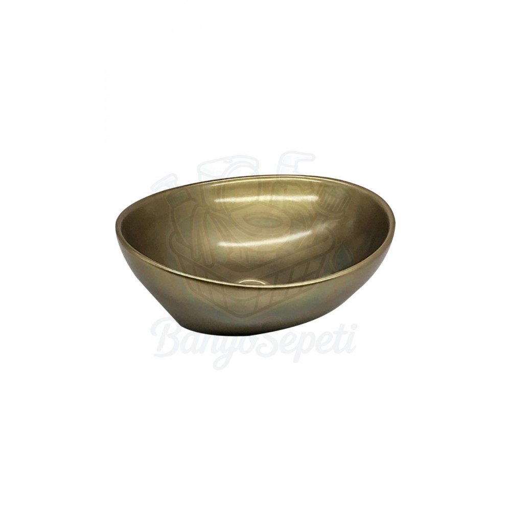 AntiqueGlow Tezgah Üstü Armatür Deliksiz Seramik Lavabo – 40x33 cm, Parlak Antik Eskitme