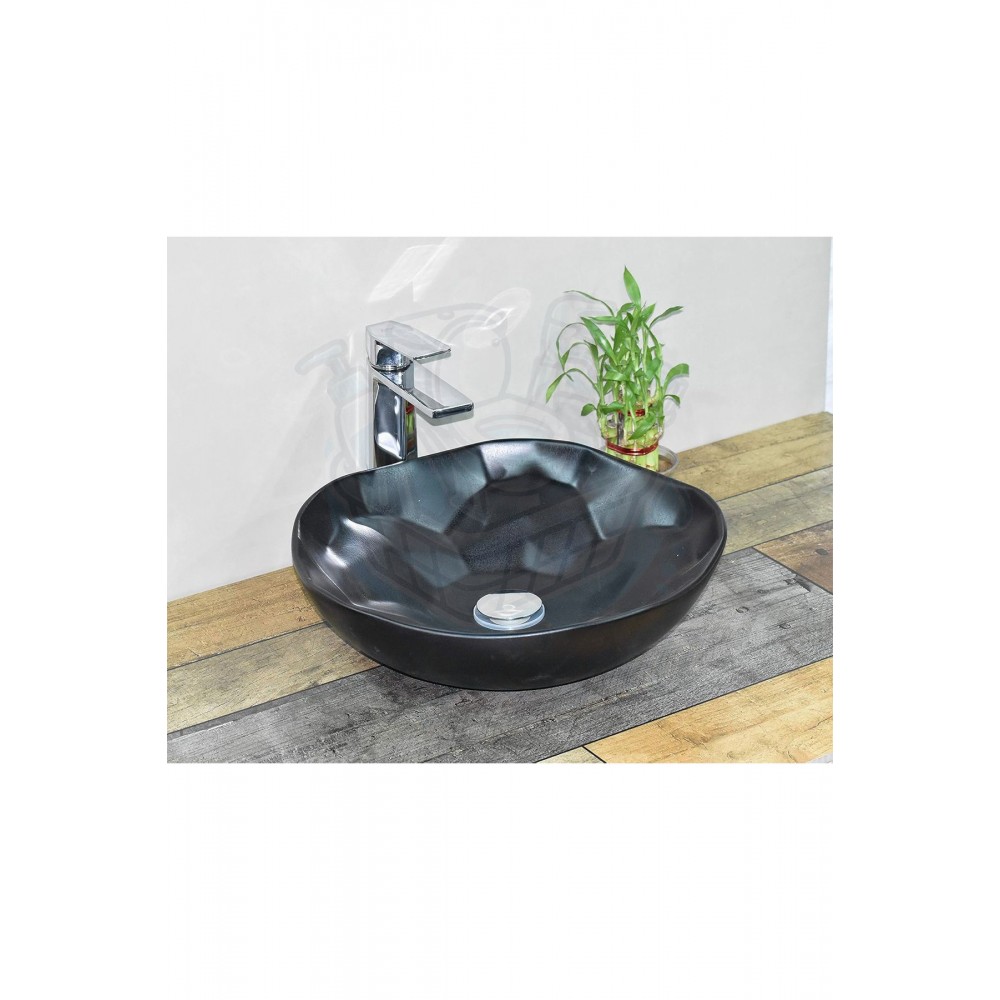 NovaBlack Tezgah Üstü Armatür Deliksiz Mat Siyah Seramik Lavabo – 40x40 cm