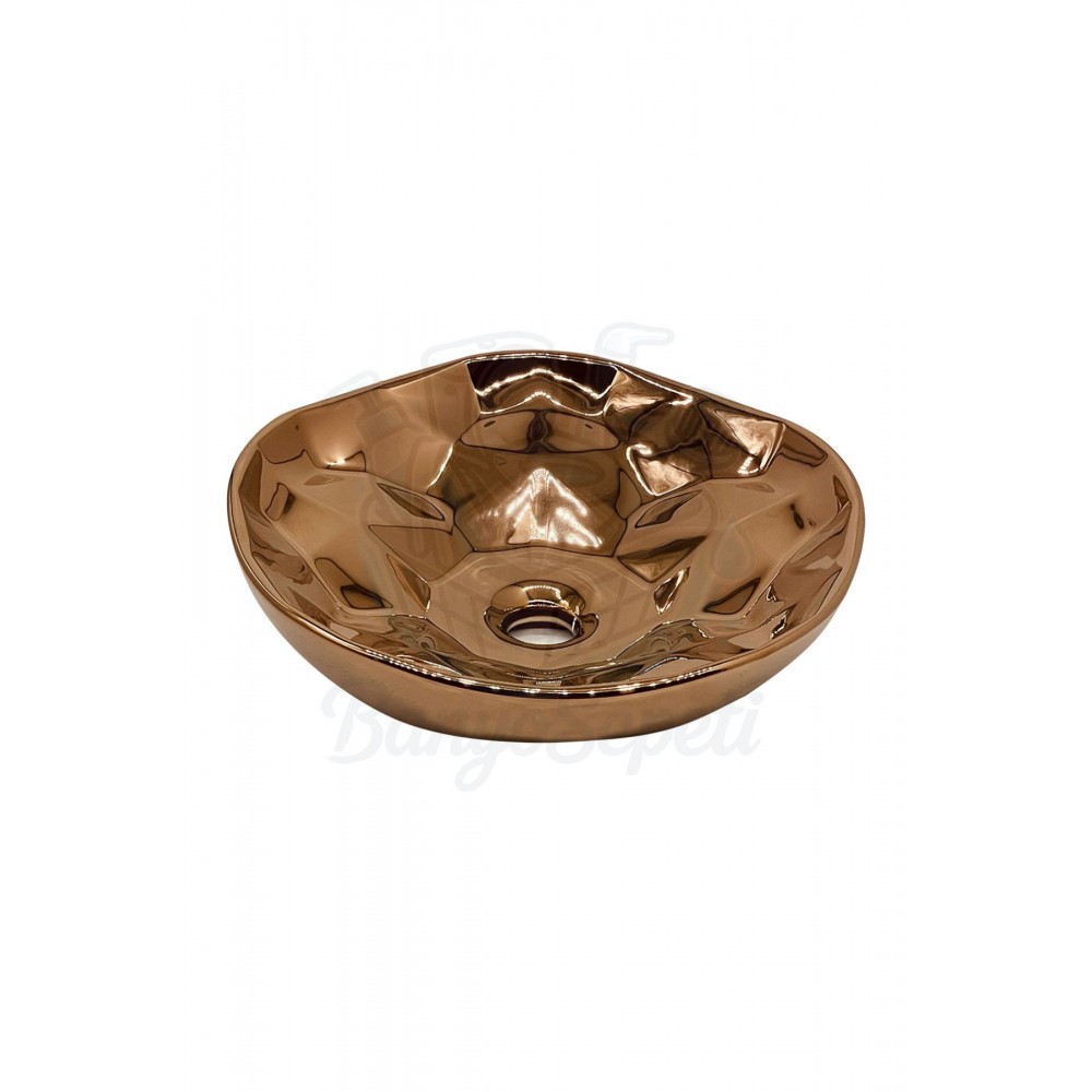 AuraRose Tezgah Üstü Armatür Deliksiz Parlak Bakır Rose Gold Lavabo – 40x40 cm