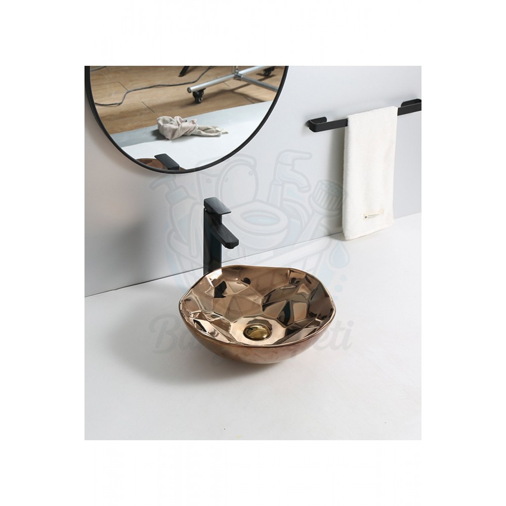 AuraRose Tezgah Üstü Armatür Deliksiz Parlak Bakır Rose Gold Lavabo – 40x40 cm