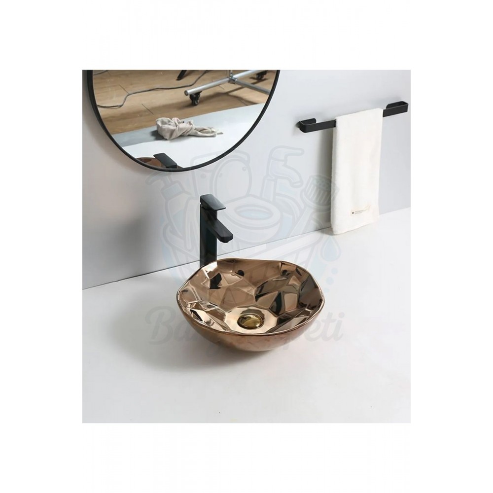 AuraRose Tezgah Üstü Armatür Deliksiz Parlak Bakır Rose Gold Lavabo – 40x40 cm