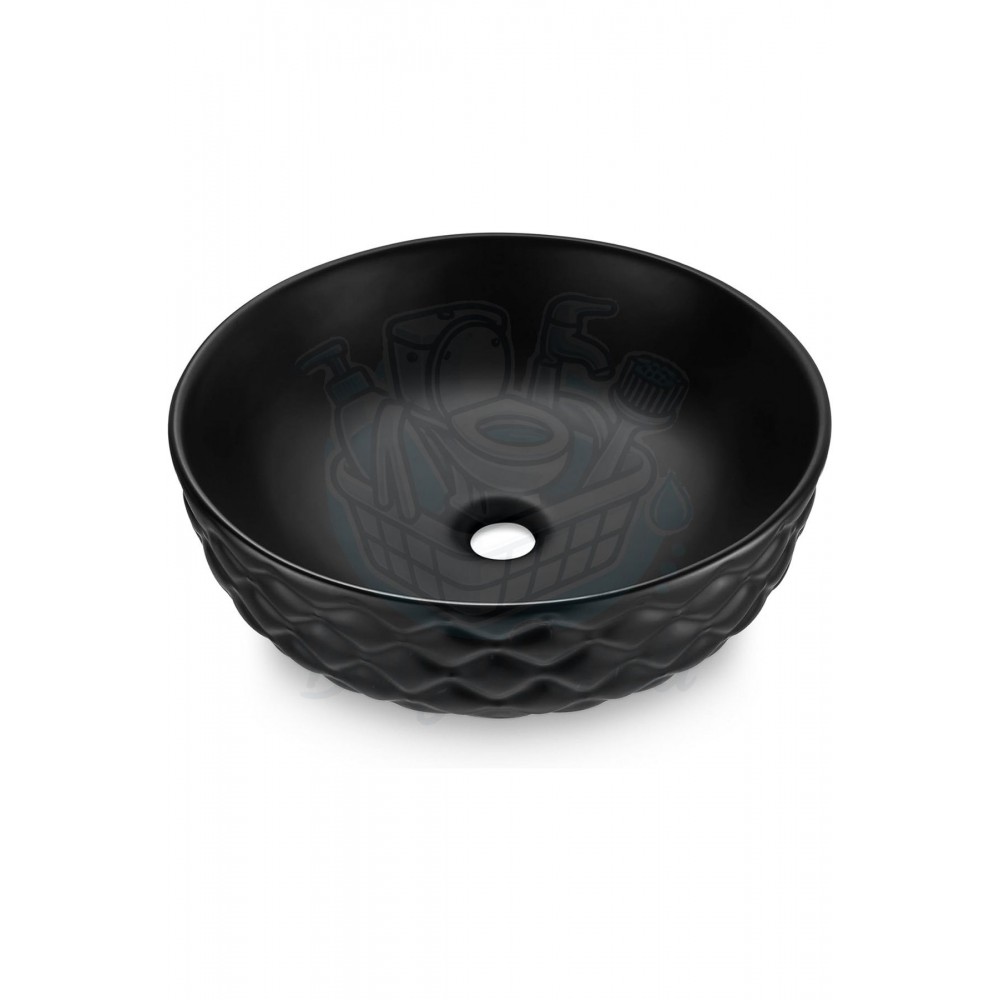 EclipseRound Tezgah Üstü Armatür Deliksiz Mat Siyah Seramik Lavabo – 42x42 cm