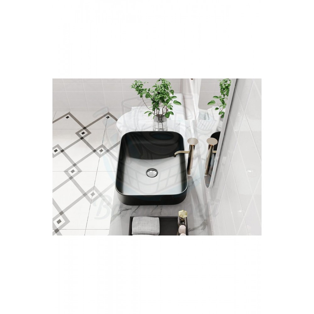 ObsidianSquare Tezgah Üstü Armatür Deliksiz Mat Siyah Seramik Lavabo – 50x39 cm