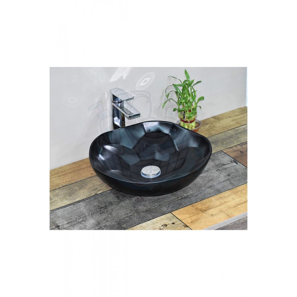 NovaBlack Tezgah Üstü Armatür Deliksiz Mat Siyah Seramik Lavabo – 40x40 cm
