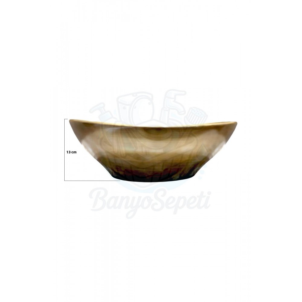 AntiqueGlow Tezgah Üstü Armatür Deliksiz Seramik Lavabo – 40x33 cm, Parlak Antik Eskitme