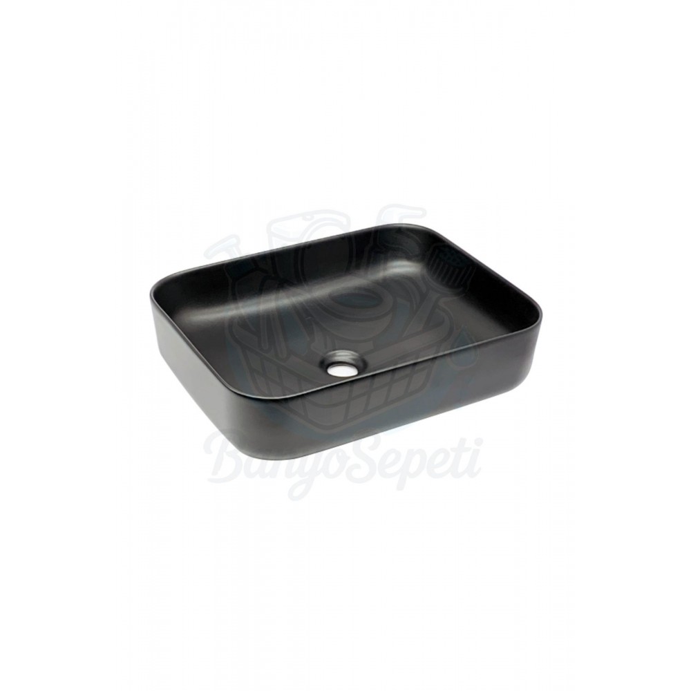 ObsidianSquare Tezgah Üstü Armatür Deliksiz Mat Siyah Seramik Lavabo – 50x39 cm