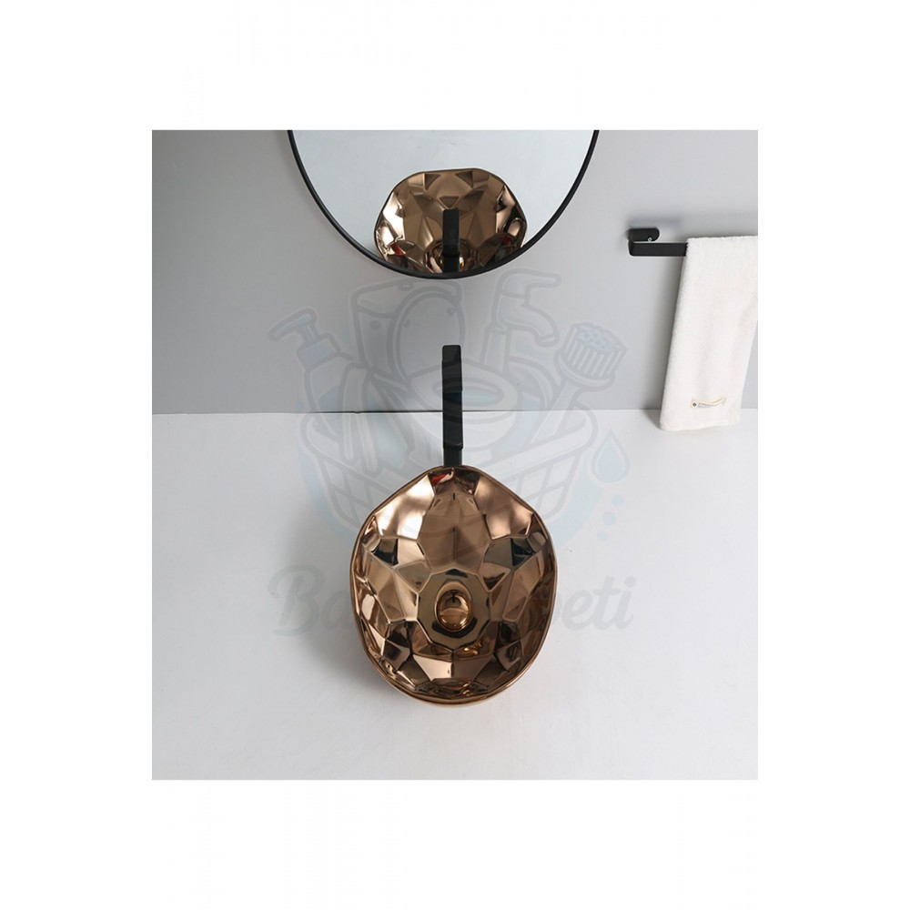 AuraRose Tezgah Üstü Armatür Deliksiz Parlak Bakır Rose Gold Lavabo – 40x40 cm