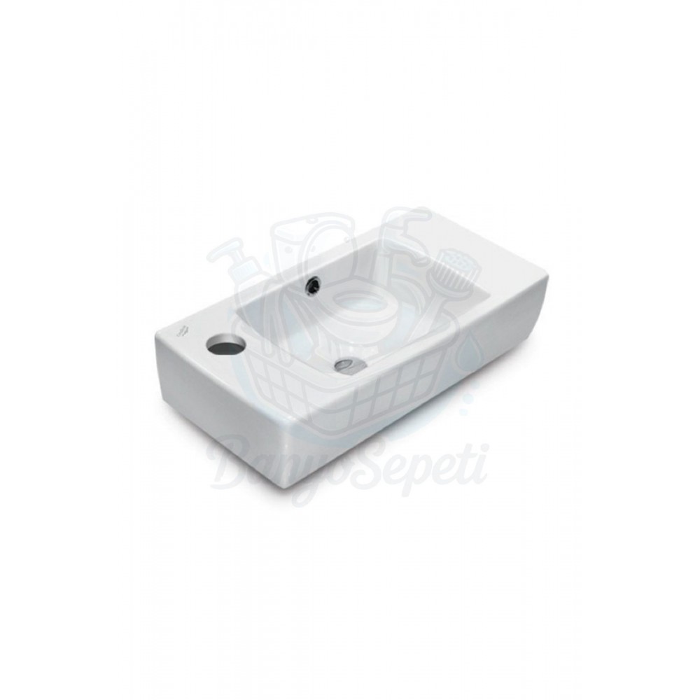 SmartLeft Duvara Monte & Dolap Uyumlu Armatür Deliği Solda Seramik Lavabo – 50x25 cm, Beyaz
