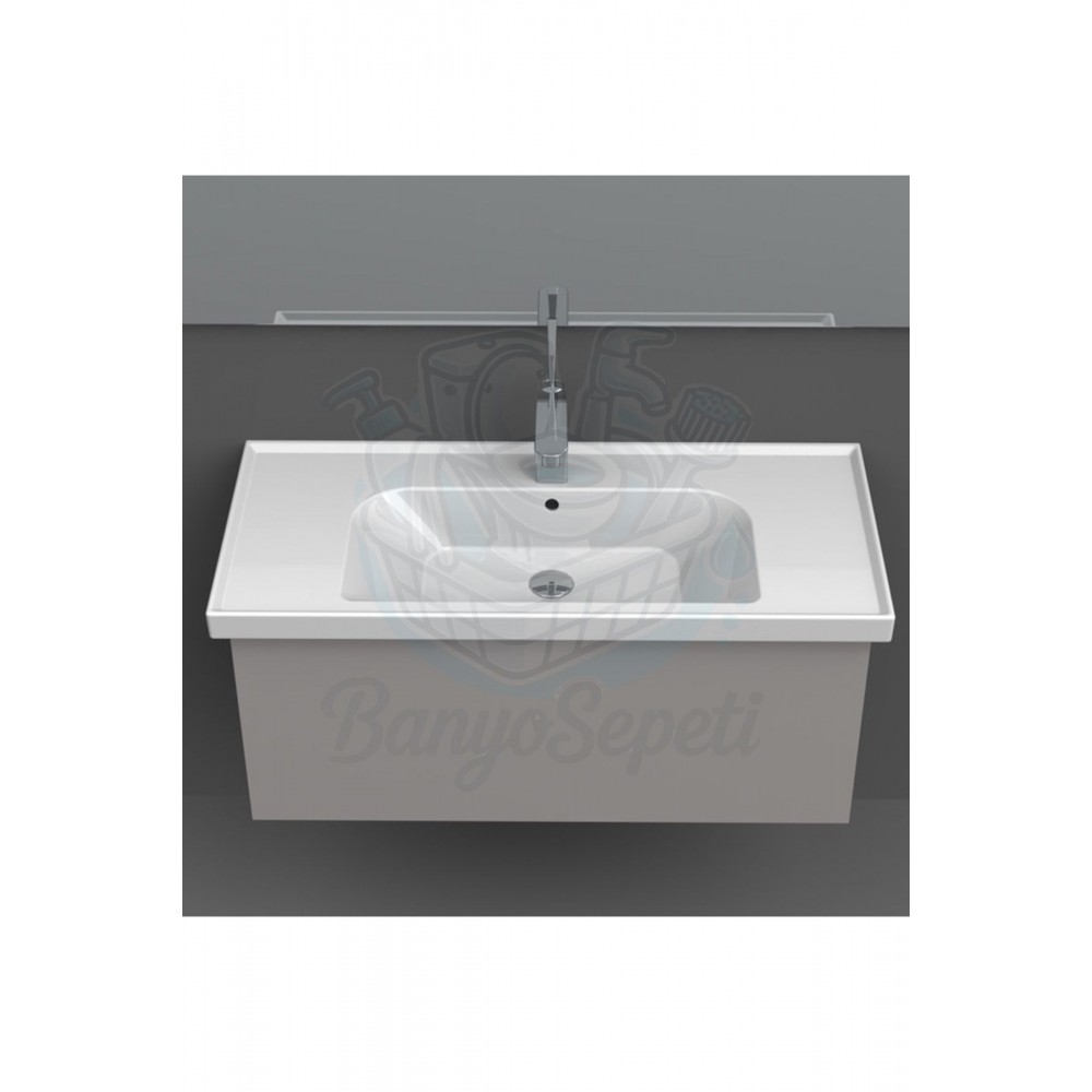 ModeraGrand Etajerli Duvara Monte & Mobilya Uyumlu Armatür Delikli Seramik Lavabo – 100x45 cm, Beyaz