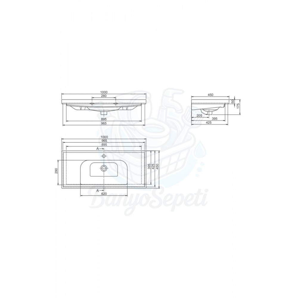 ModeraGrand Etajerli Duvara Monte & Mobilya Uyumlu Armatür Delikli Seramik Lavabo – 100x45 cm, Beyaz