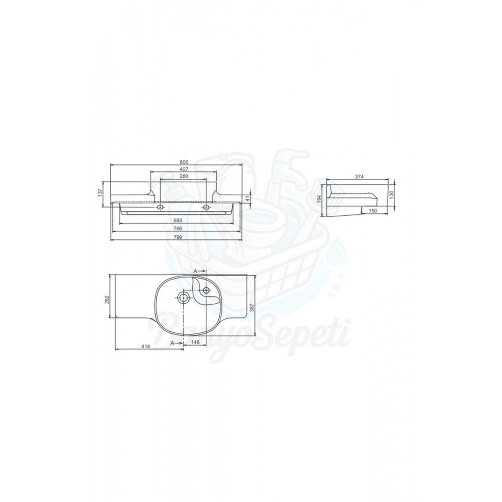 ModeraRight Etajerli Duvara Monte Seramik Lavabo – 80x38 cm, Beyaz