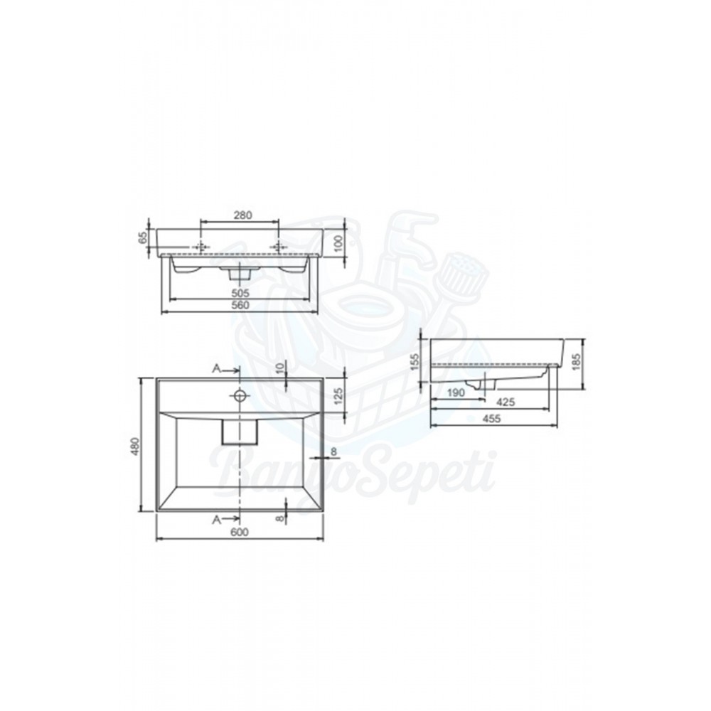 ModeraComfort Etajerli Duvara Monte & Mobilya Uyumlu Armatür Delikli Seramik Lavabo – 60x48 cm, Byz