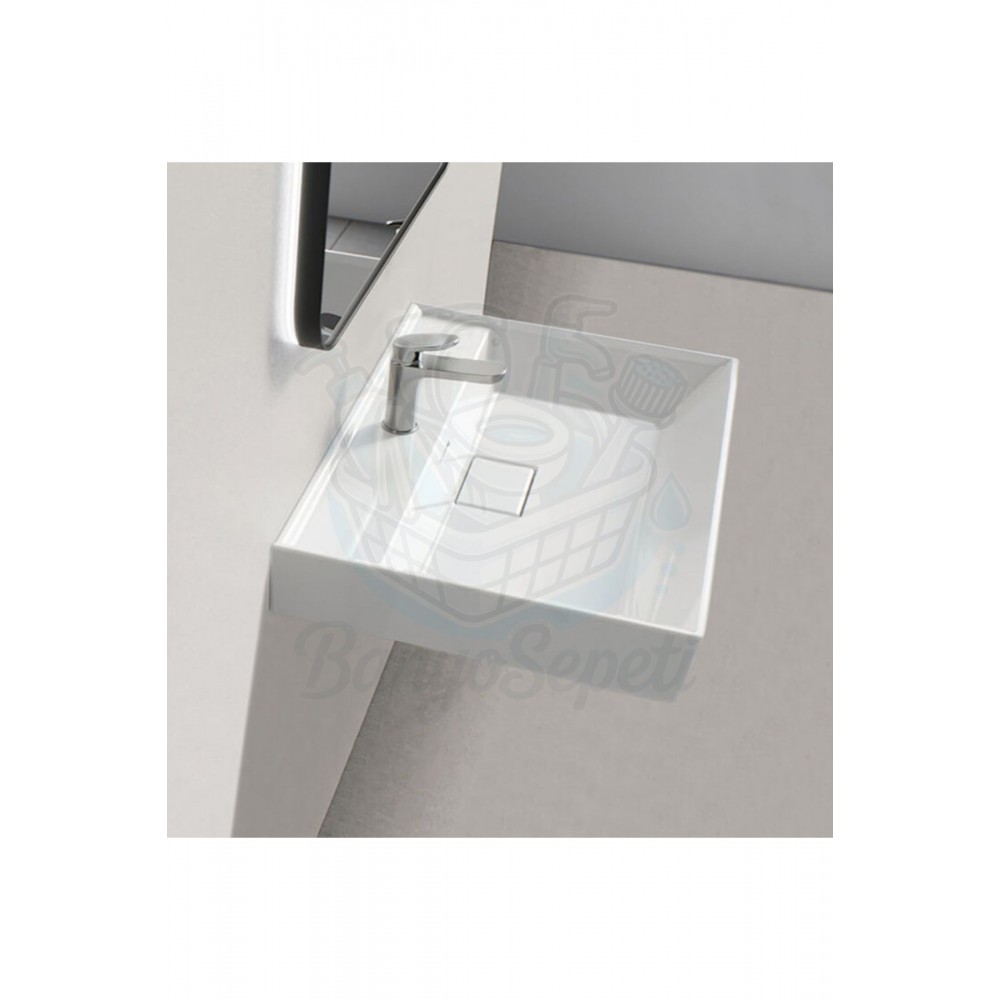 SquareWall Duvara Monte & Mobilya Uyumlu Armatür Delikli Seramik Lavabo – 48x48 cm, Beyaz