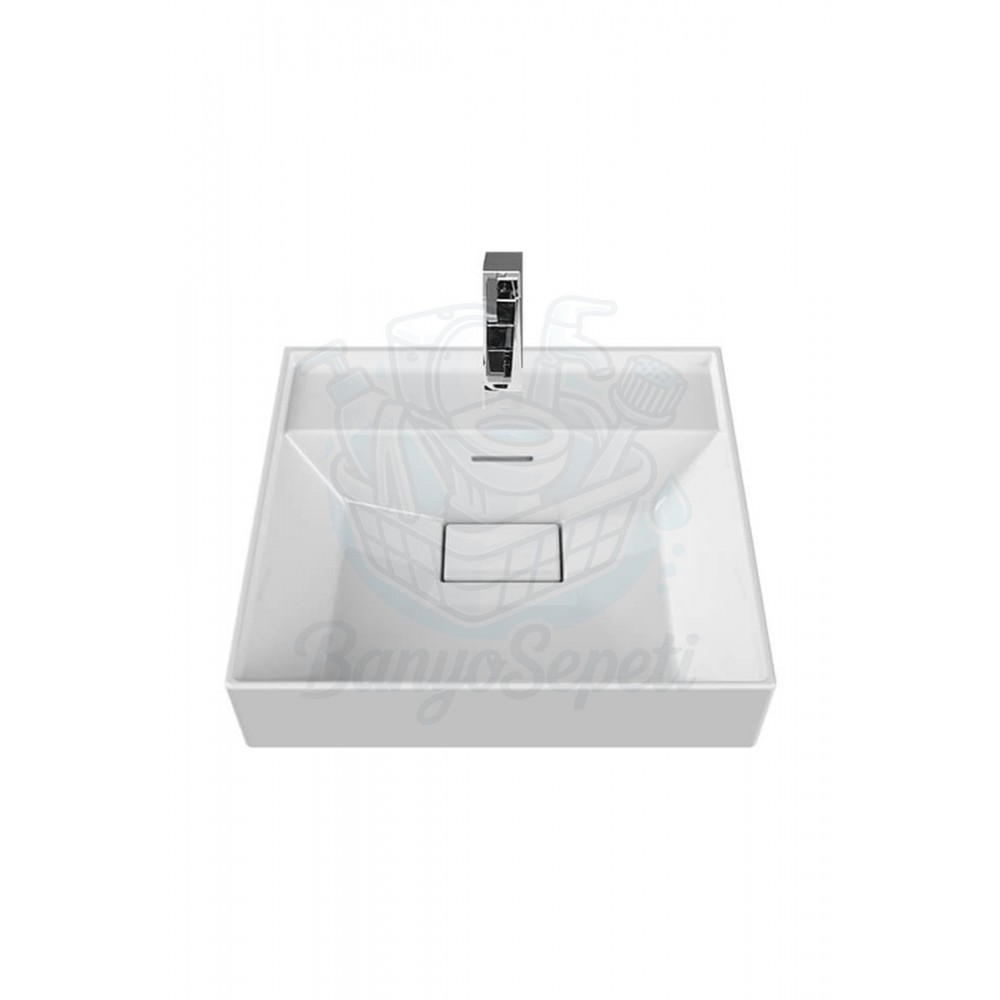 SquareWall Duvara Monte & Mobilya Uyumlu Armatür Delikli Seramik Lavabo – 48x48 cm, Beyaz